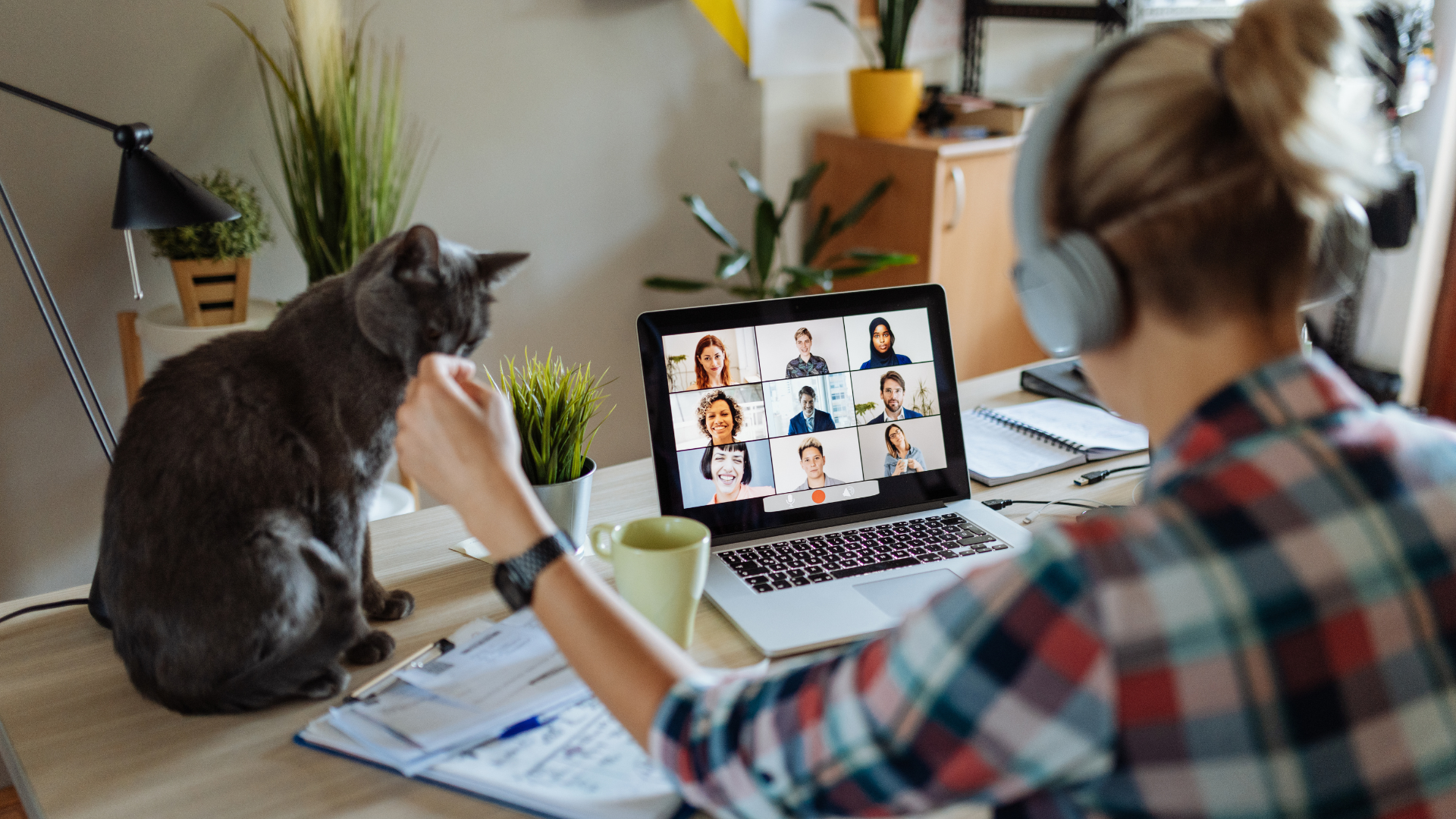 A woman working on her laptop at home. She is wearing headphones and is in a video call with several people. Her pet cat is sat nearby on the desk