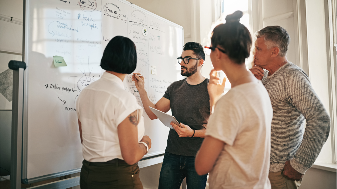 An image of four people discussing a marketing plan on a whiteboard.