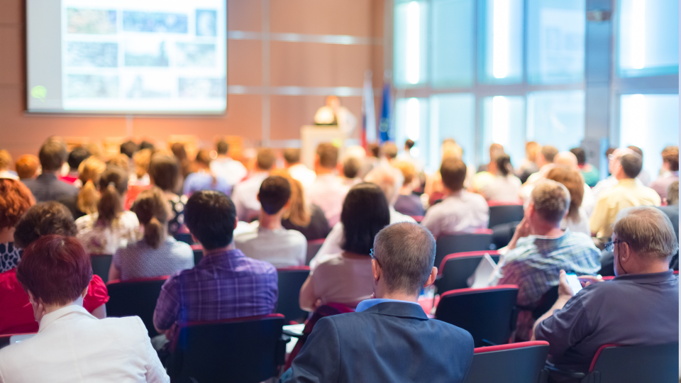 An image of several people in a hall, watching a presentation on a stage