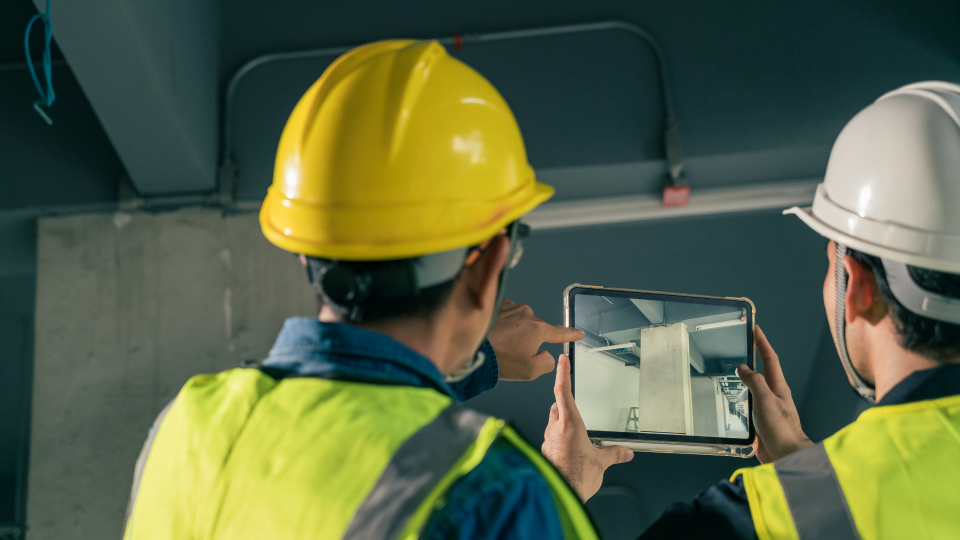 An image of two construction workers looking at an image on a tablet. The image is of a section of the building that is under construction.