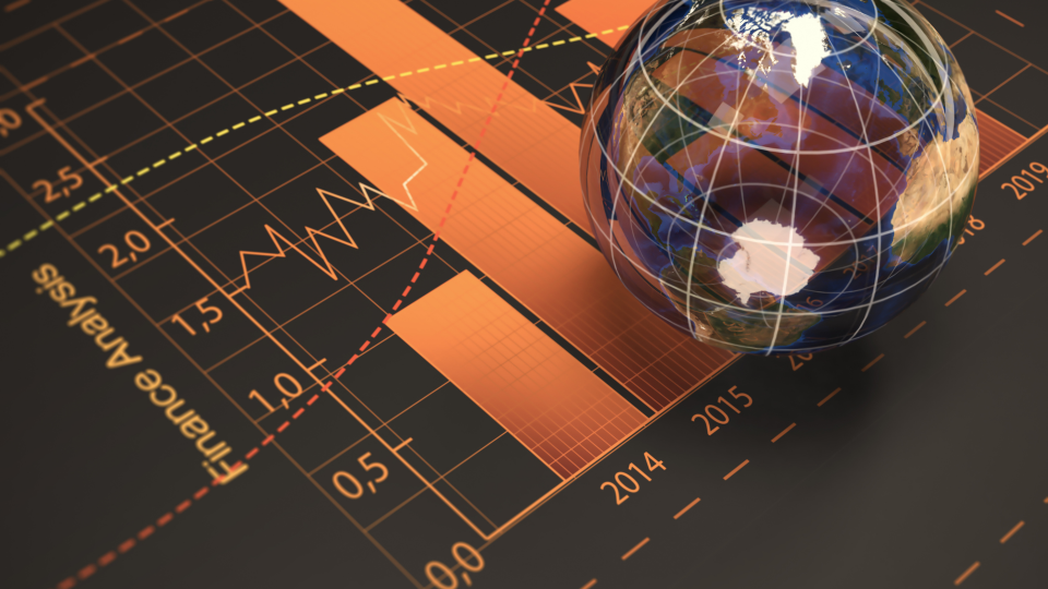 An image of a bar chart with yearly figures and trend lines on it.