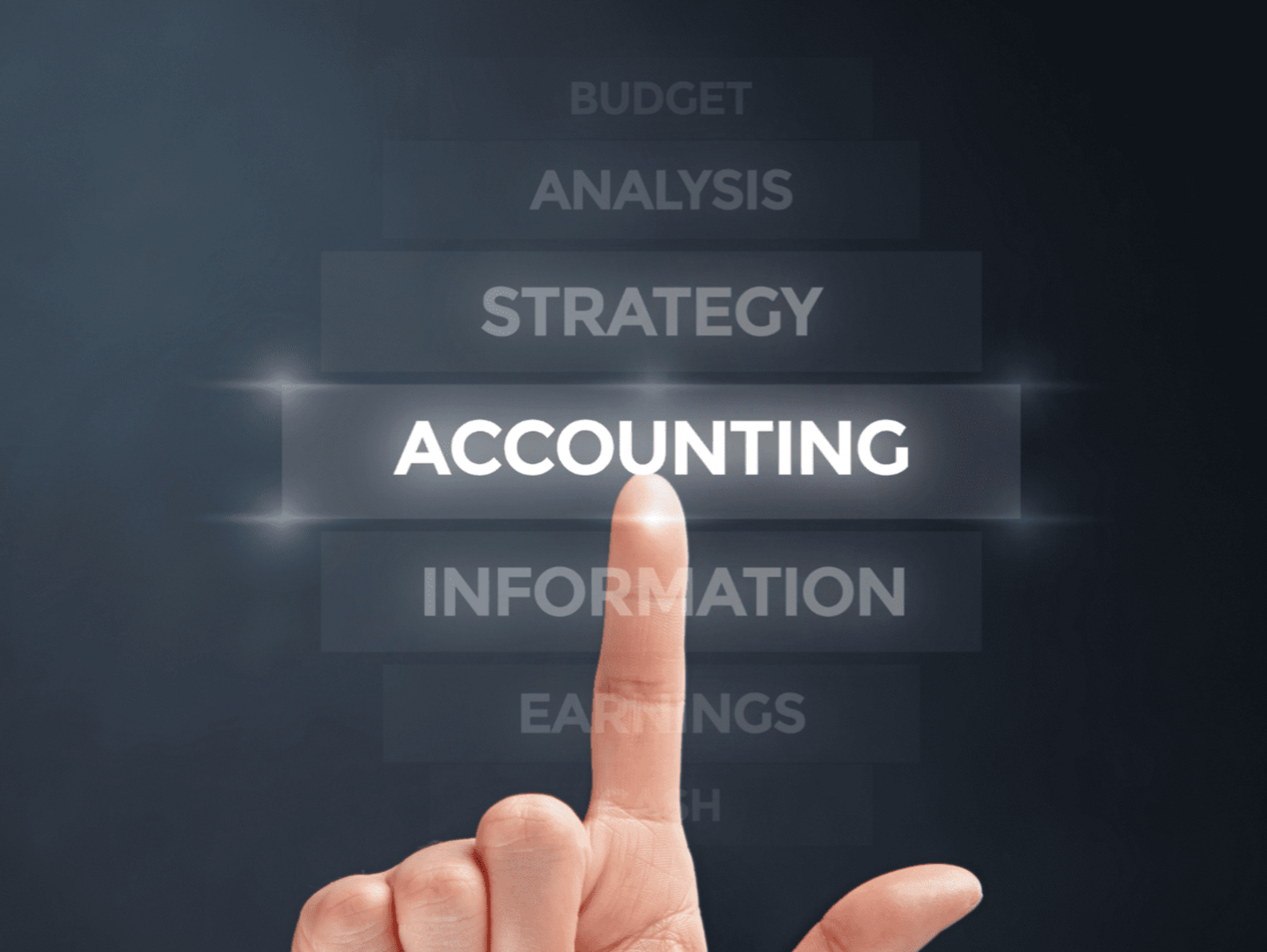 A finger pointing towards a digital representation of the word "accounting"