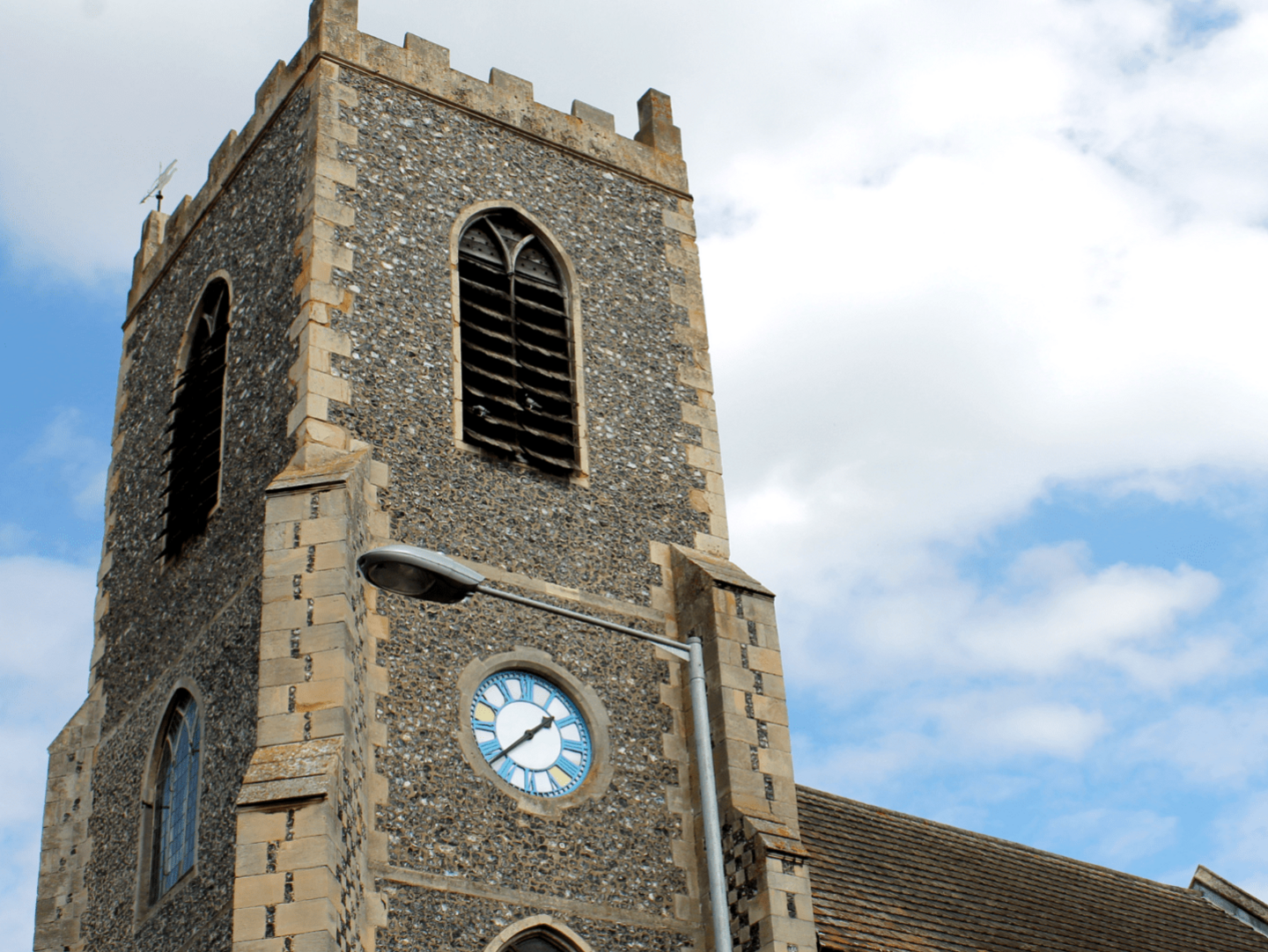 A view of Thetford Church from a low angle looking upwards