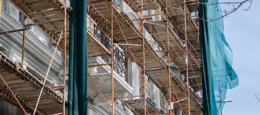 A building facade with scaffolding for maintenance