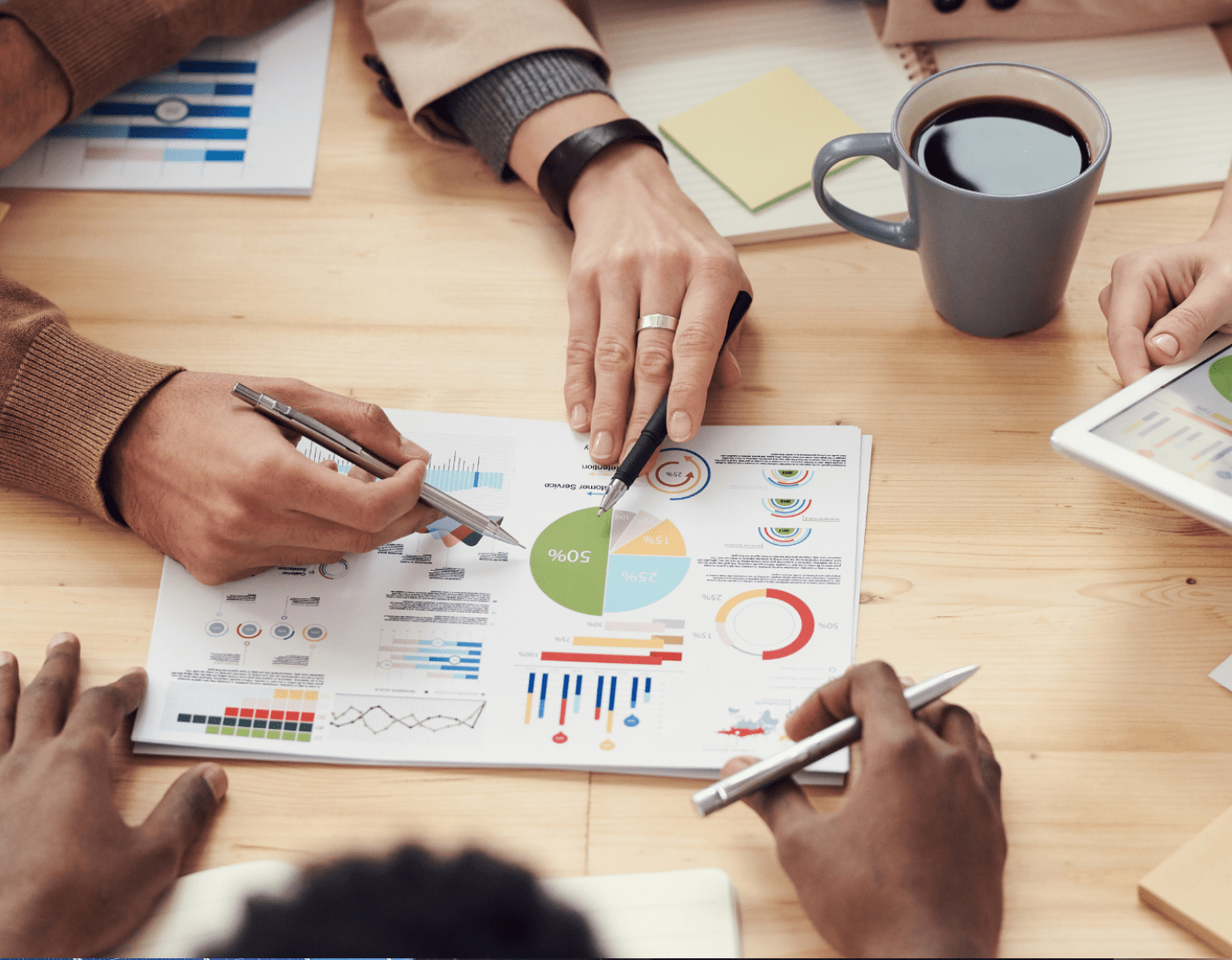 An image of a financial report being discussed. The report is printed on paper and has lots of different charts on it.