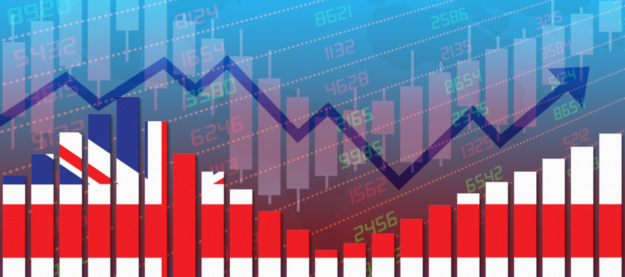 An economic bar-graph colored with the UK flag