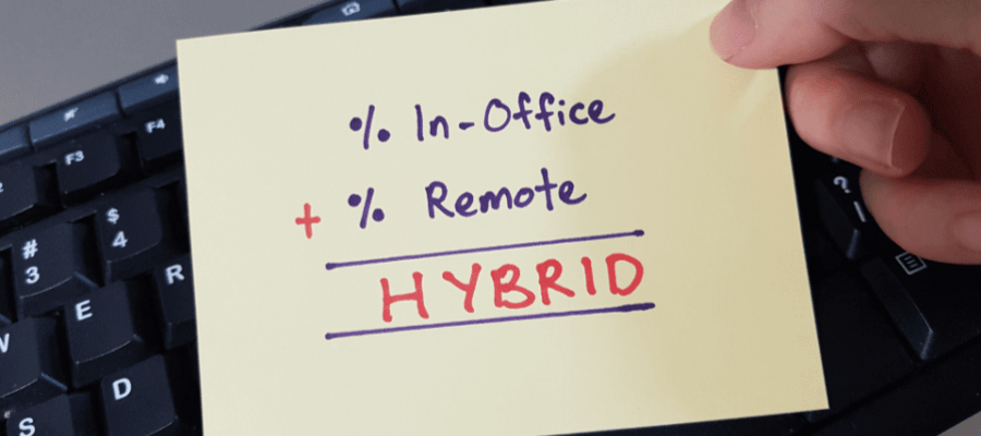 A post-it note with a diagram of hybrid working on it