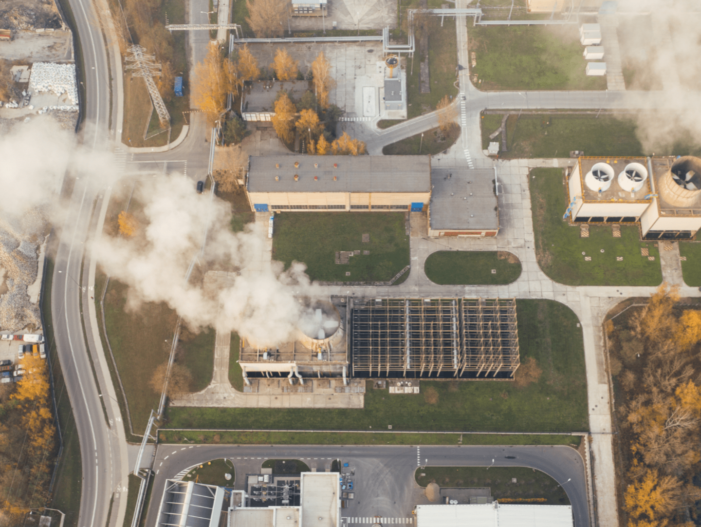 An aerial photograph of emissions from a power plant